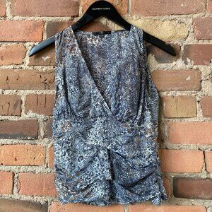Vintage Teenflo Women’s Sleeveless Blue & Brown 100% Silk V-Neck Top. Small